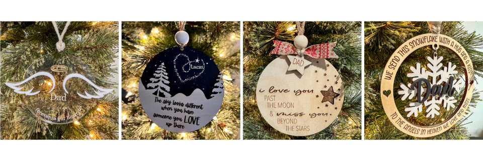 Memorial Ornaments - Collection of decorative Christmas ornaments with various memorial designs and text on a tree.