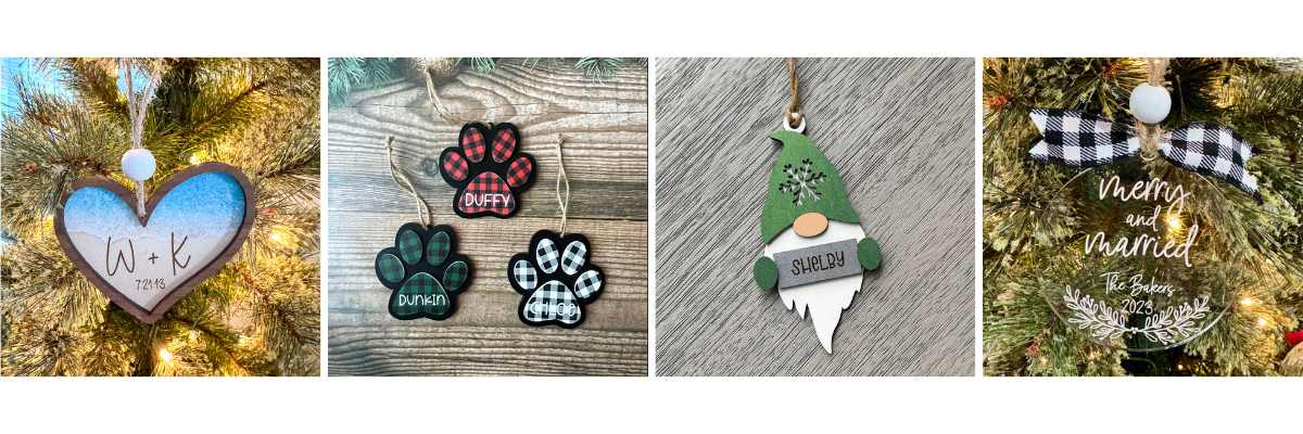 Personalized Ornaments - Collection of personalized Christmas ornaments with various designs and text.