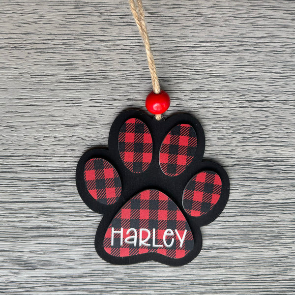 Personalized Pet Paw Christmas Ornament - Custom Buffalo Plaid Holiday Decoration