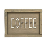 beige wood sign that says Coffee in white lettering