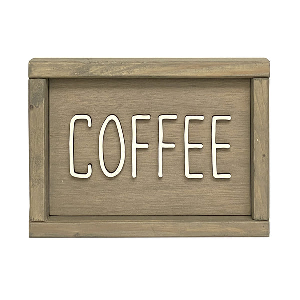 beige wood sign that says Coffee in white lettering