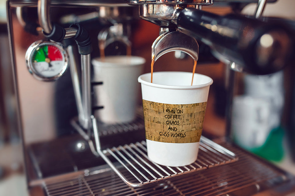 I Run on Coffee, Chaos & Cuss Words Coffee Cup Sleeve - Cork Fabric Reusable Insulator