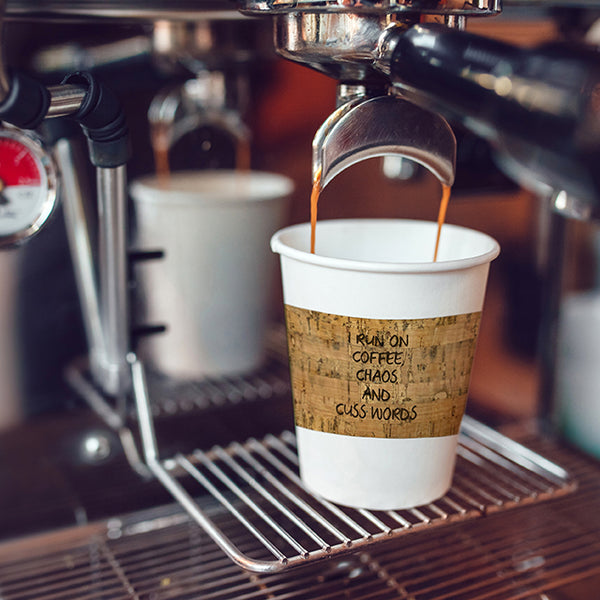 I Run on Coffee, Chaos & Cuss Words Coffee Cup Sleeve - Cork Fabric Reusable Insulator