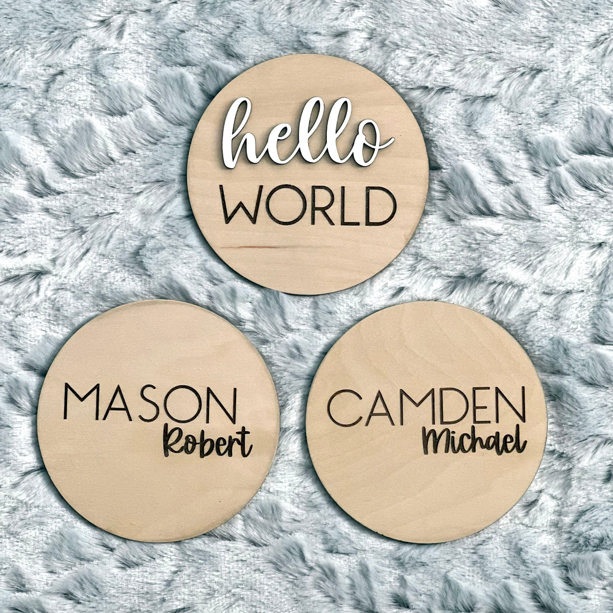 Custom Engraved Baby Birth Announcement Keepsake Set - Personalized Wood Circles