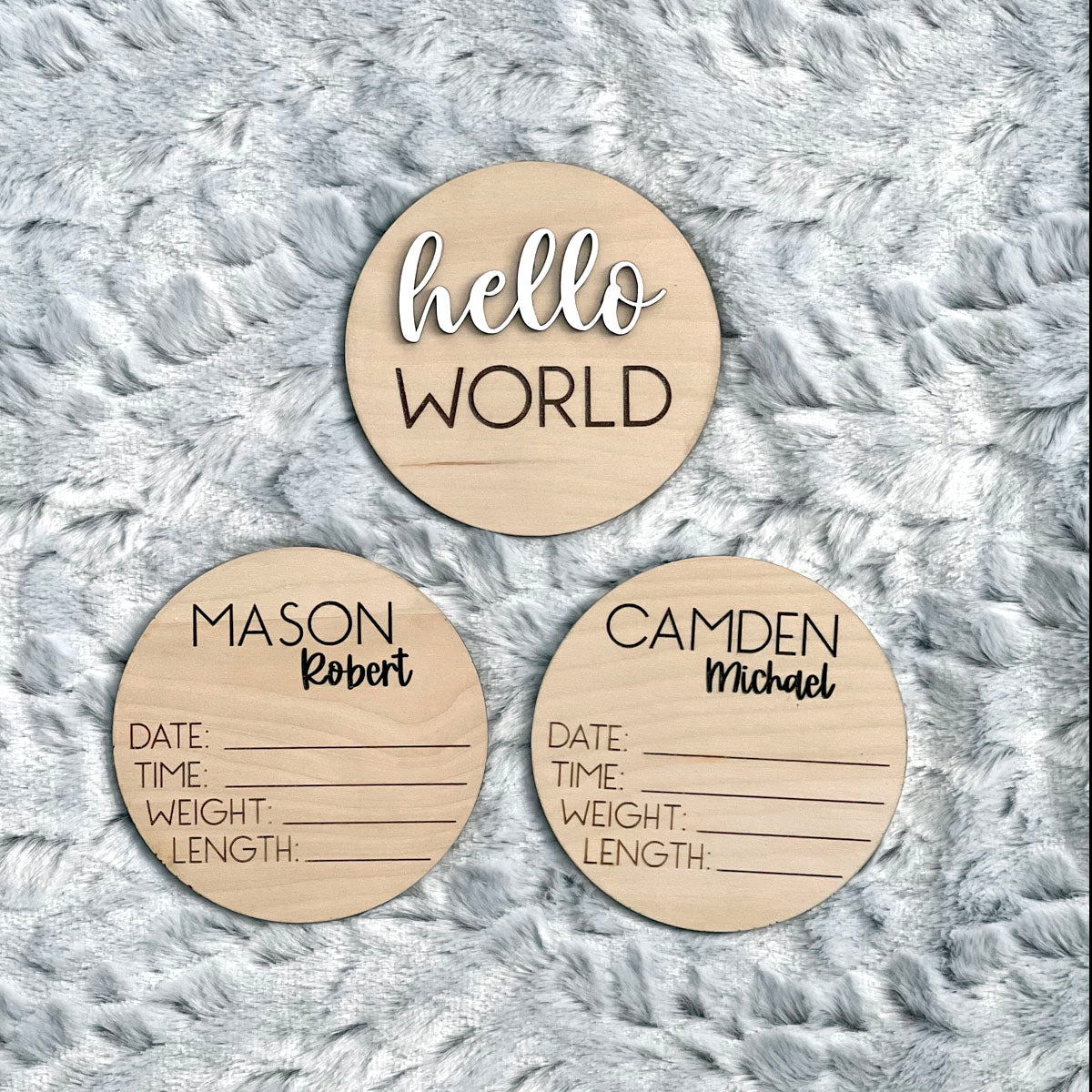Custom Engraved Baby Birth Announcement Keepsake Set - Personalized Wood Circles
