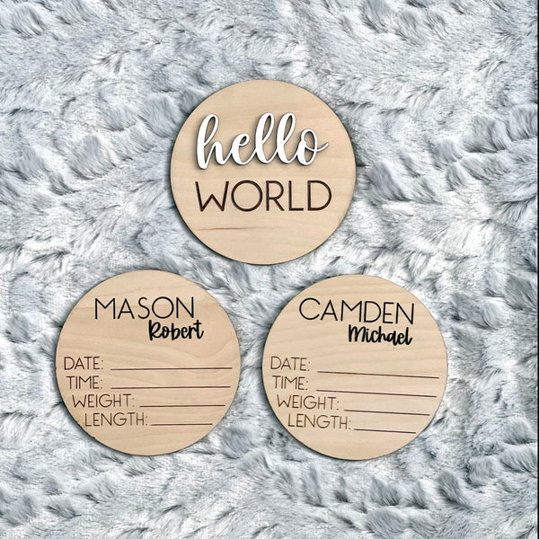 Custom Engraved Baby Birth Announcement Keepsake Set - Personalized Wood Circles