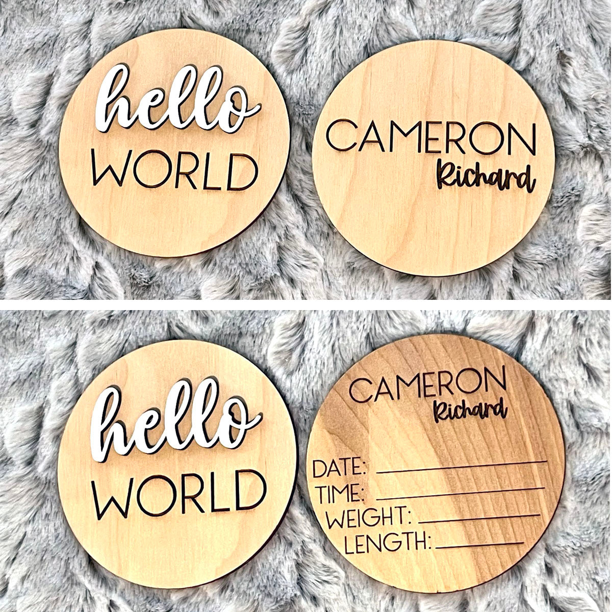 Custom Engraved Baby Birth Announcement Keepsake Set - Personalized Wood Circles