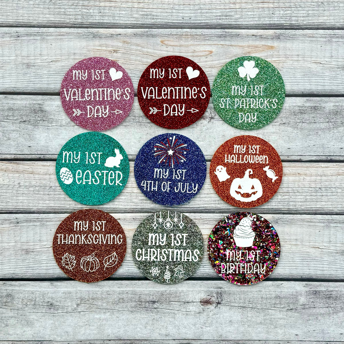 Baby's First Holiday Photo Props Set - 8 Premium Glitter Acrylic Circles