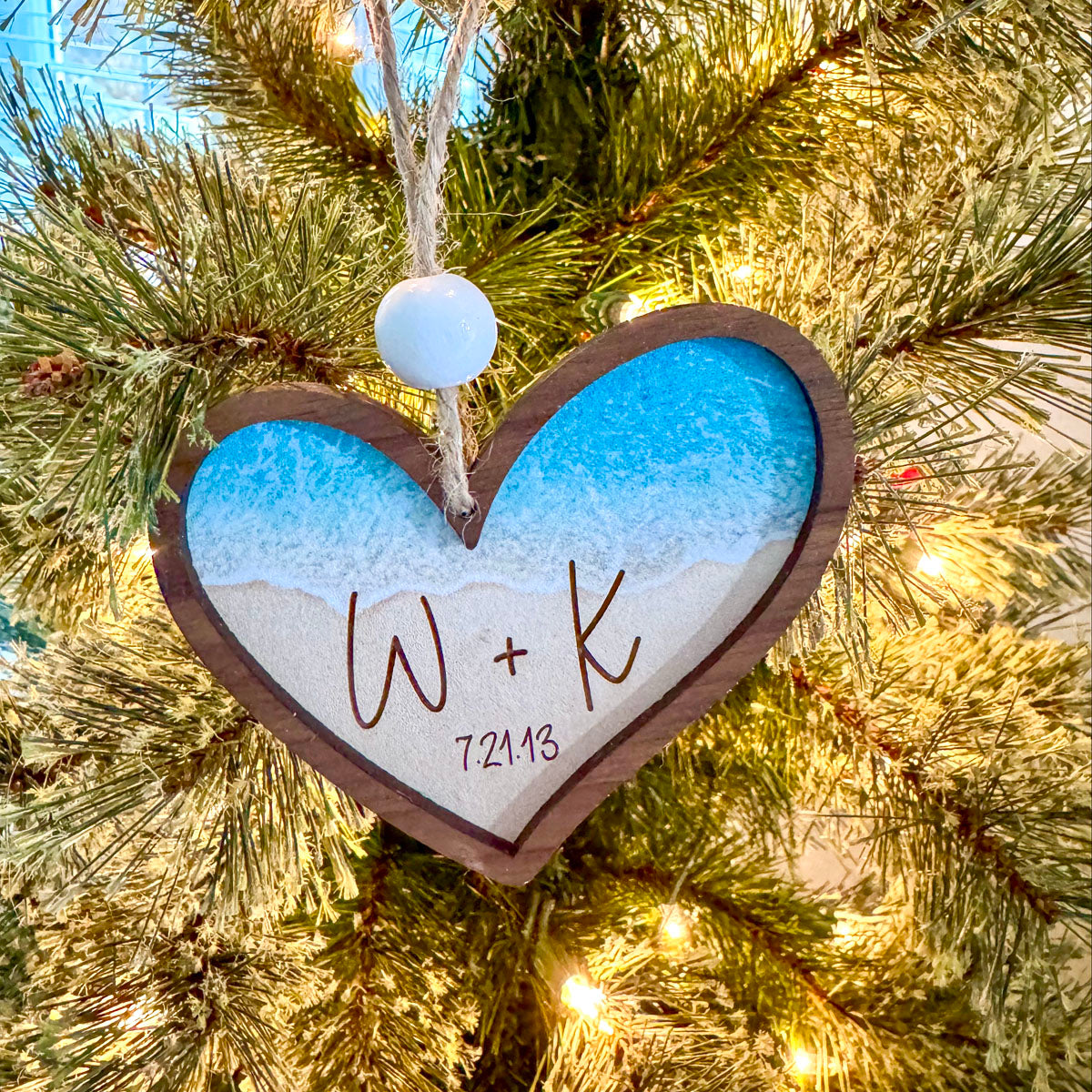 Personalized Beach Heart Ornament - Custom Gift with Initials & Date