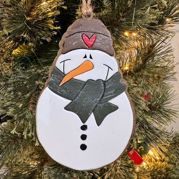 Handcrafted Snowman Ornament with Beanie Hat & Scarf - Unique Wood Christmas Decoration