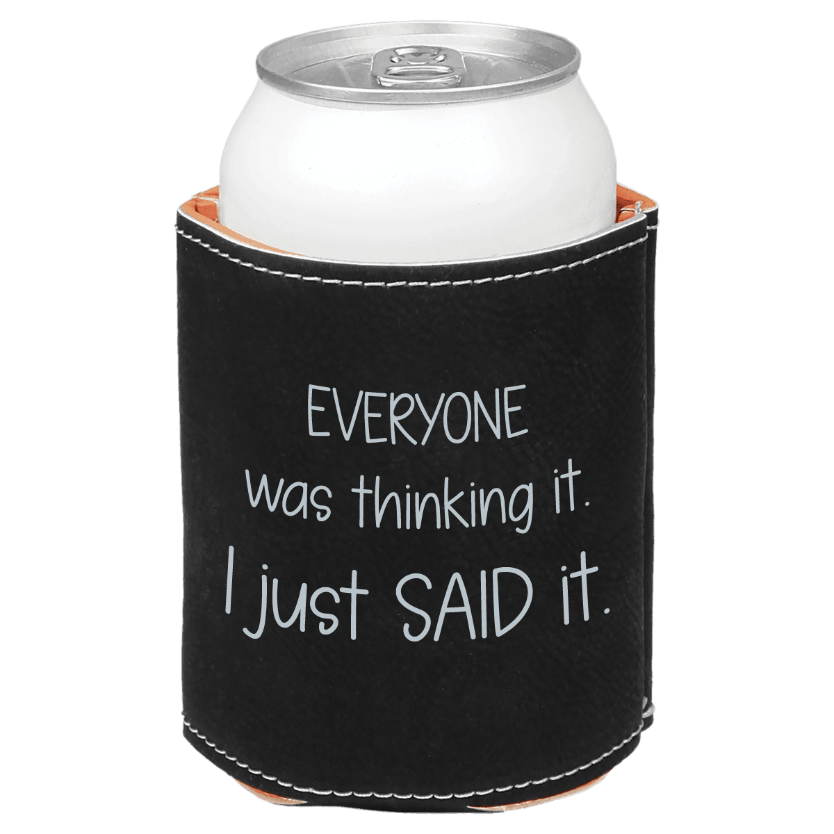 Black can cooler with silver text on a white background
