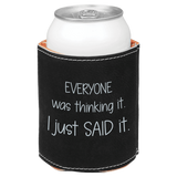 Black can cooler with silver text on a white background