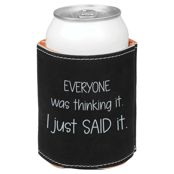 Black can cooler with silver text on a white background