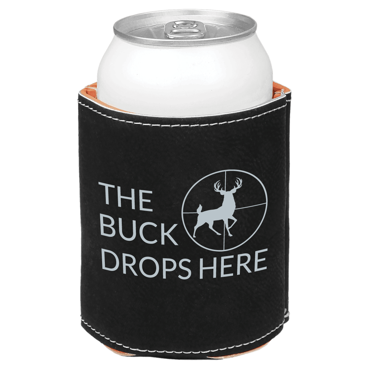 Black can cooler with 'The Buck Drops Here' text and deer design on a white background