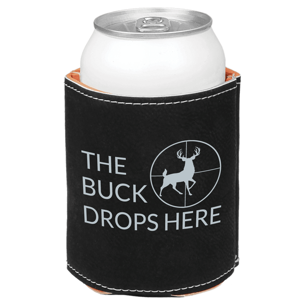 Black can cooler with 'The Buck Drops Here' text and deer design on a white background
