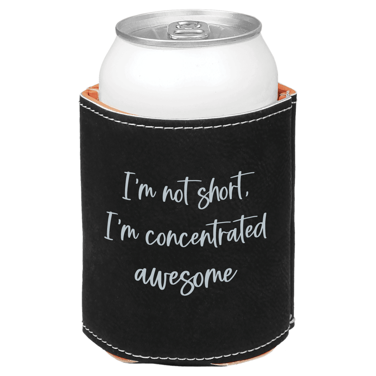 Black can cooler with silver text on a white background