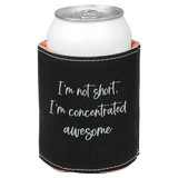 Black can cooler with silver text on a white background