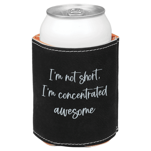 Black can cooler with silver text on a white background