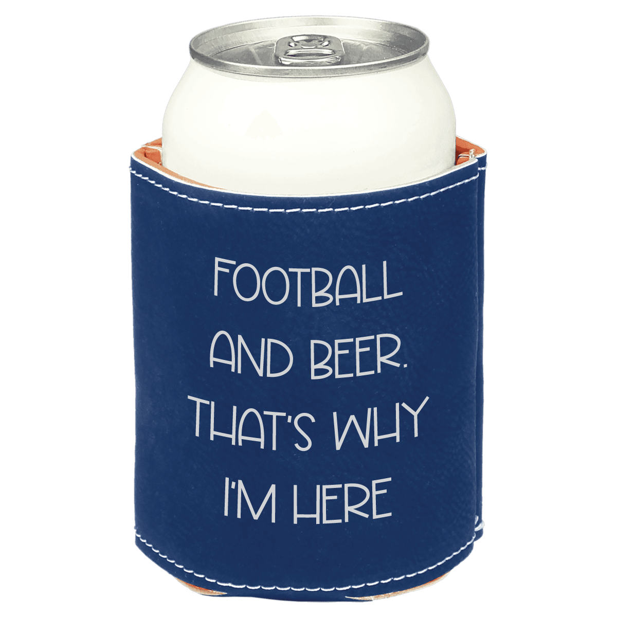 Navy blue can cooler with white text on a white background