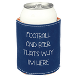 Navy blue can cooler with white text on a white background