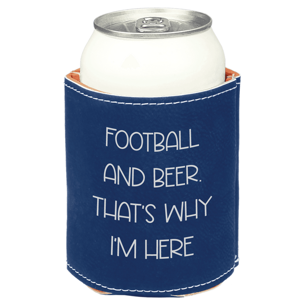 Navy blue can cooler with white text on a white background