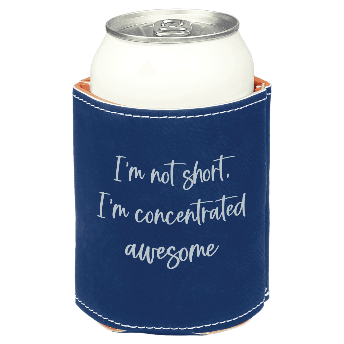 Navy blue can cooler with silver text on a white background