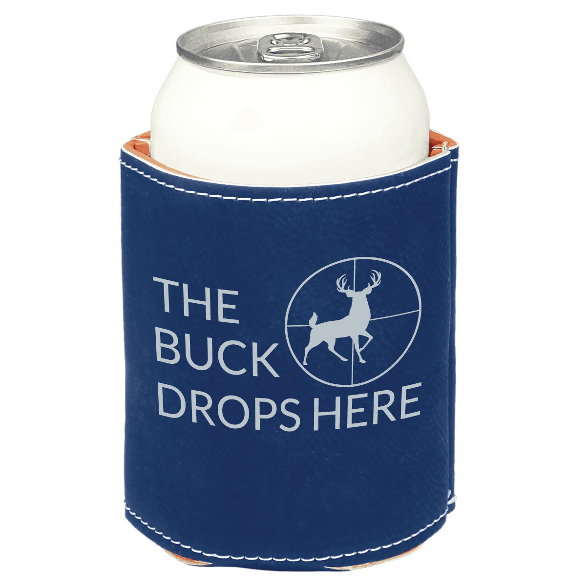 Navy blue can cooler with 'The Buck Drops Here' text and deer graphic on a white background