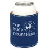 Navy blue can cooler with 'The Buck Drops Here' text and deer graphic on a white background