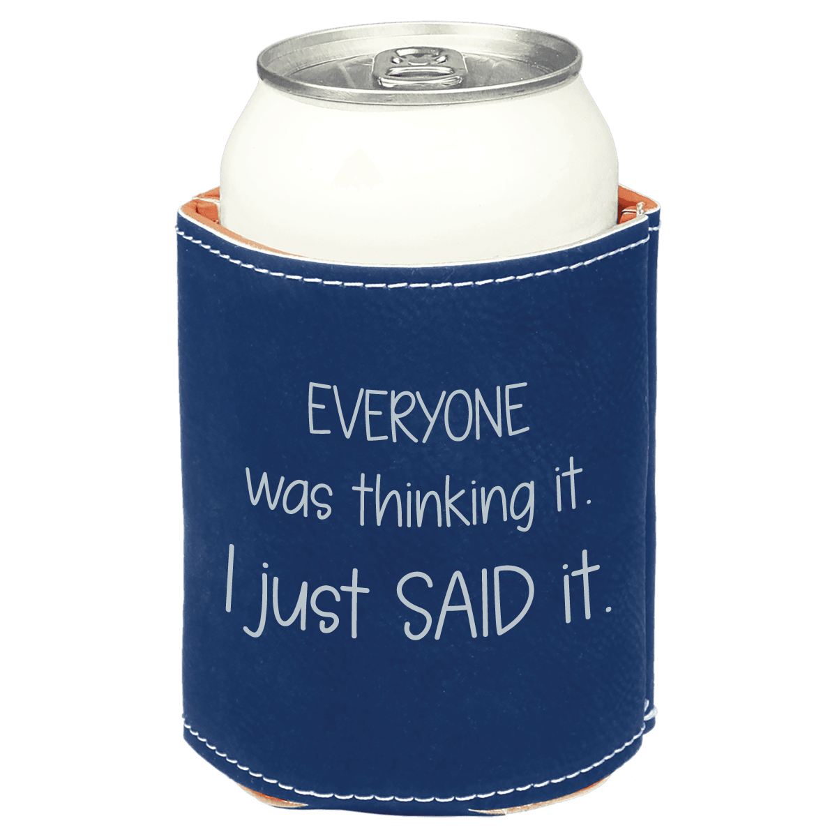 Navy blue can cooler with silver text on a white background