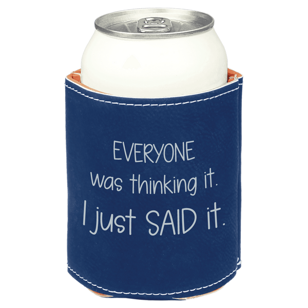 Navy blue can cooler with silver text on a white background