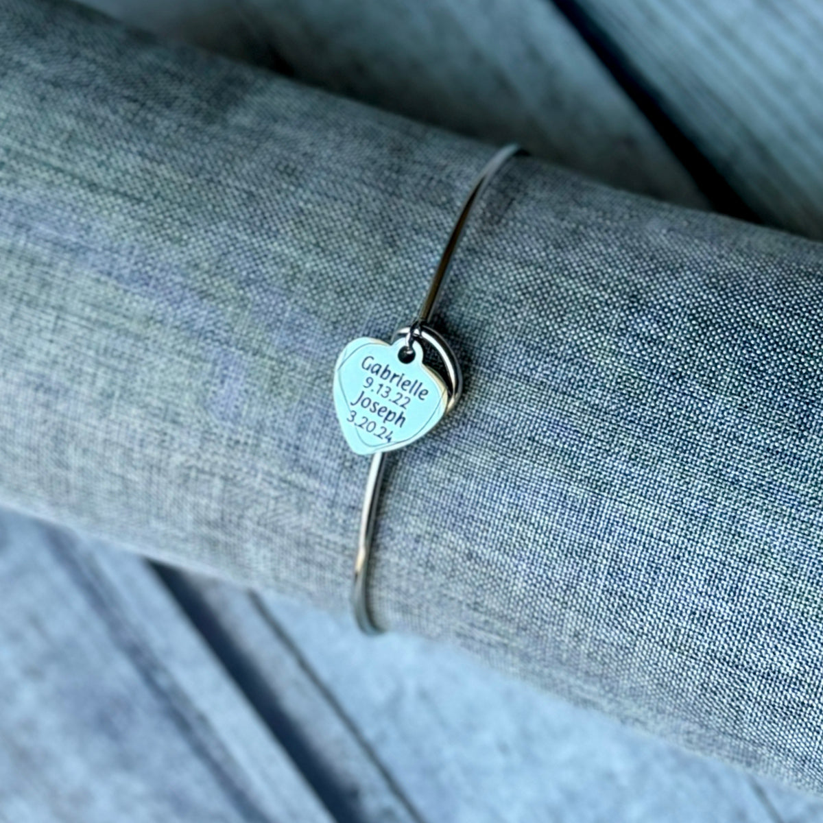 Personalized Heart Bangle Bracelet - Custom Engraved Stainless Steel Jewelry