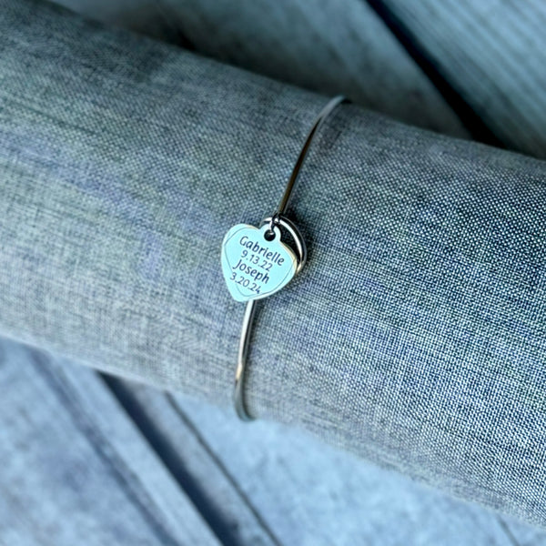Personalized Heart Bangle Bracelet - Custom Engraved Stainless Steel Jewelry