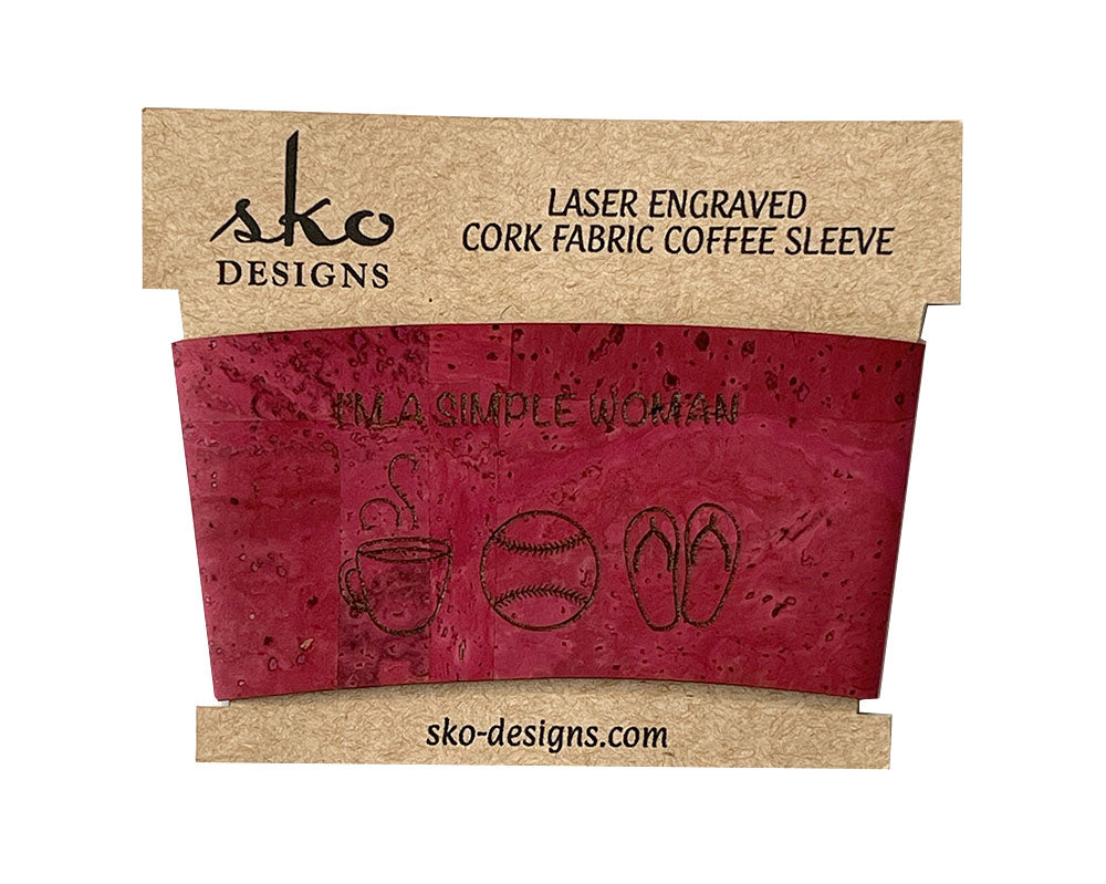Red cork fabric cup sleeve I'm a simple woman coffee mug baseball flip flops
