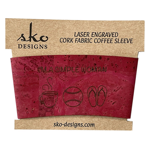 Red cork fabric cup sleeve I'm a simple woman coffee mug baseball flip flops