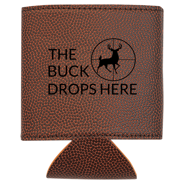 Brown leather can cooler with 'The Buck Drops Here' text and deer silhouette.