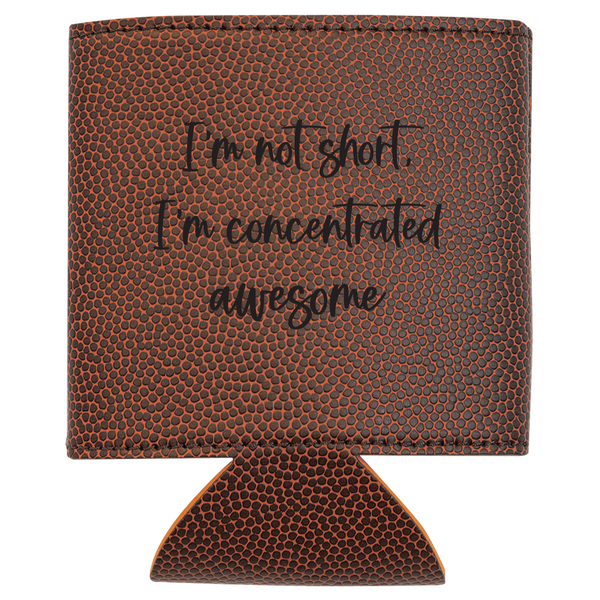 Brown textured can cooler with humorous text on a white background