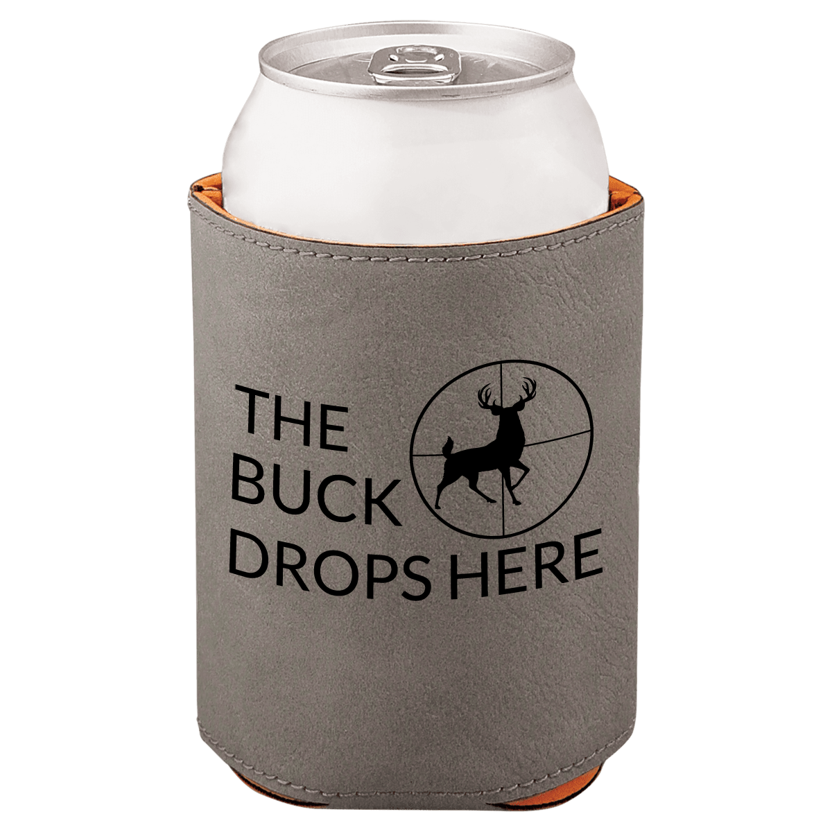 Gray can cooler with 'The Buck Drops Here' text and deer silhouette on a white background