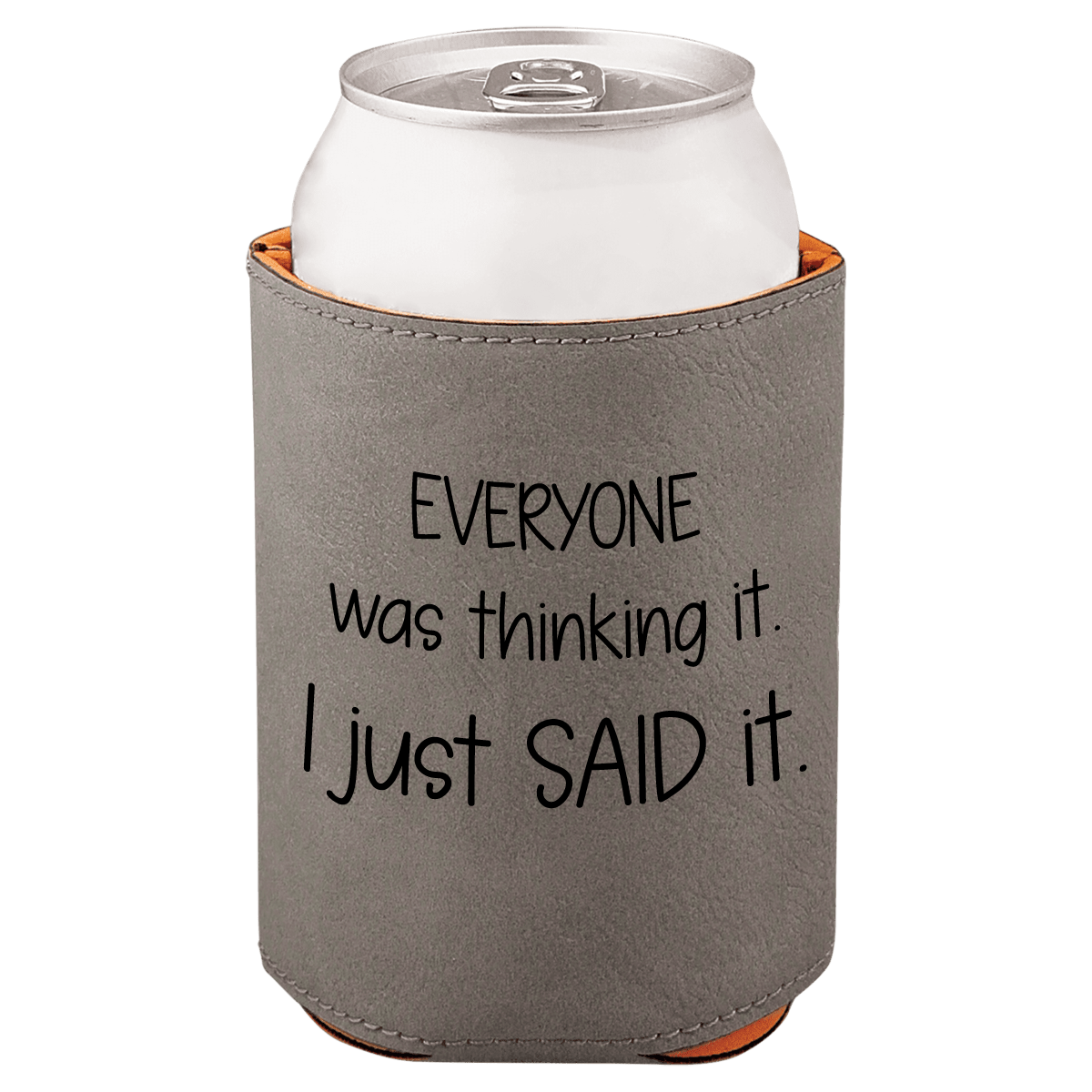 Gray can cooler with humorous text and white can inside on a white background