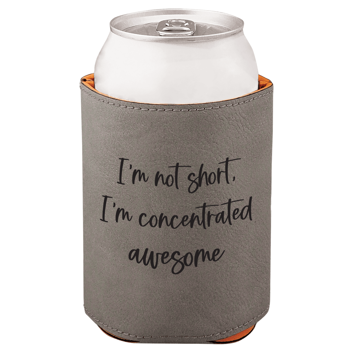 Gray can cooler with humorous text design on a white background