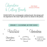 Pre-made design options for charcuterie and cutting boards with text and branding information.