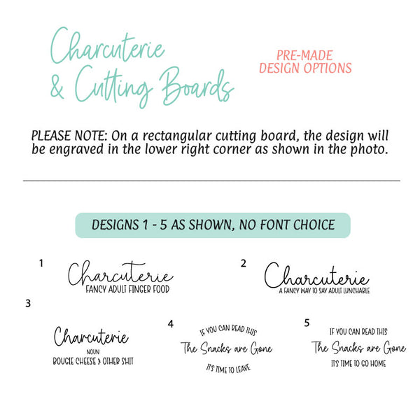 Pre-made design options for charcuterie and cutting boards with text and branding information.