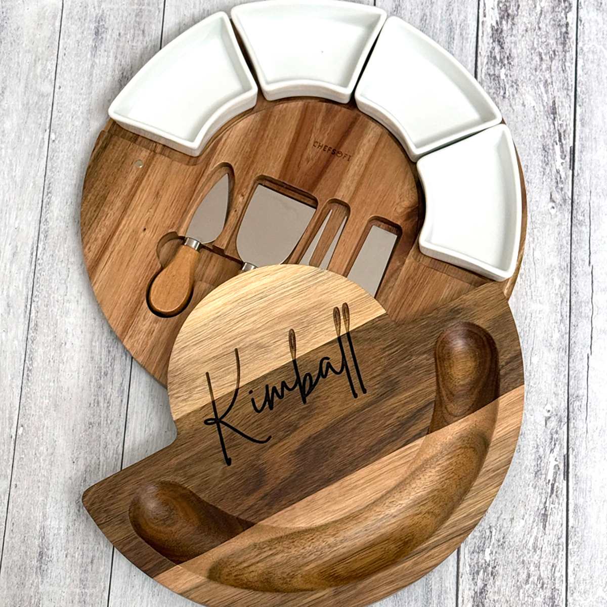 Personalized Acacia Wood Charcuterie Board Set with Bowls and Knives