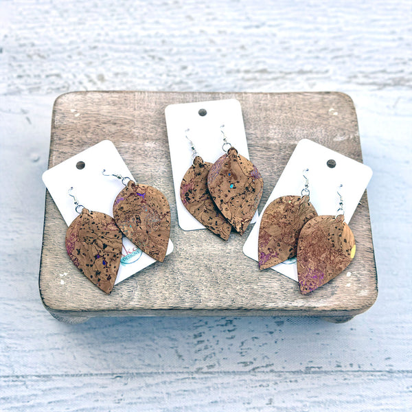 Cork Fabric Earrings Natural with Rainbow Swirl