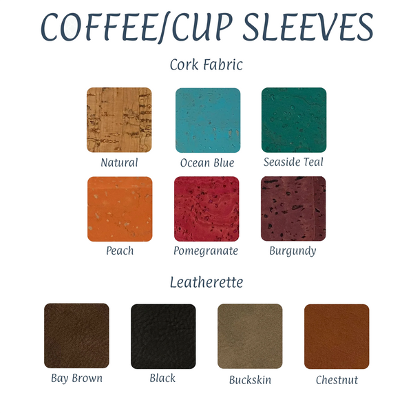 Color swatches of coffee/cup sleeves made from cork fabric and leatherette.