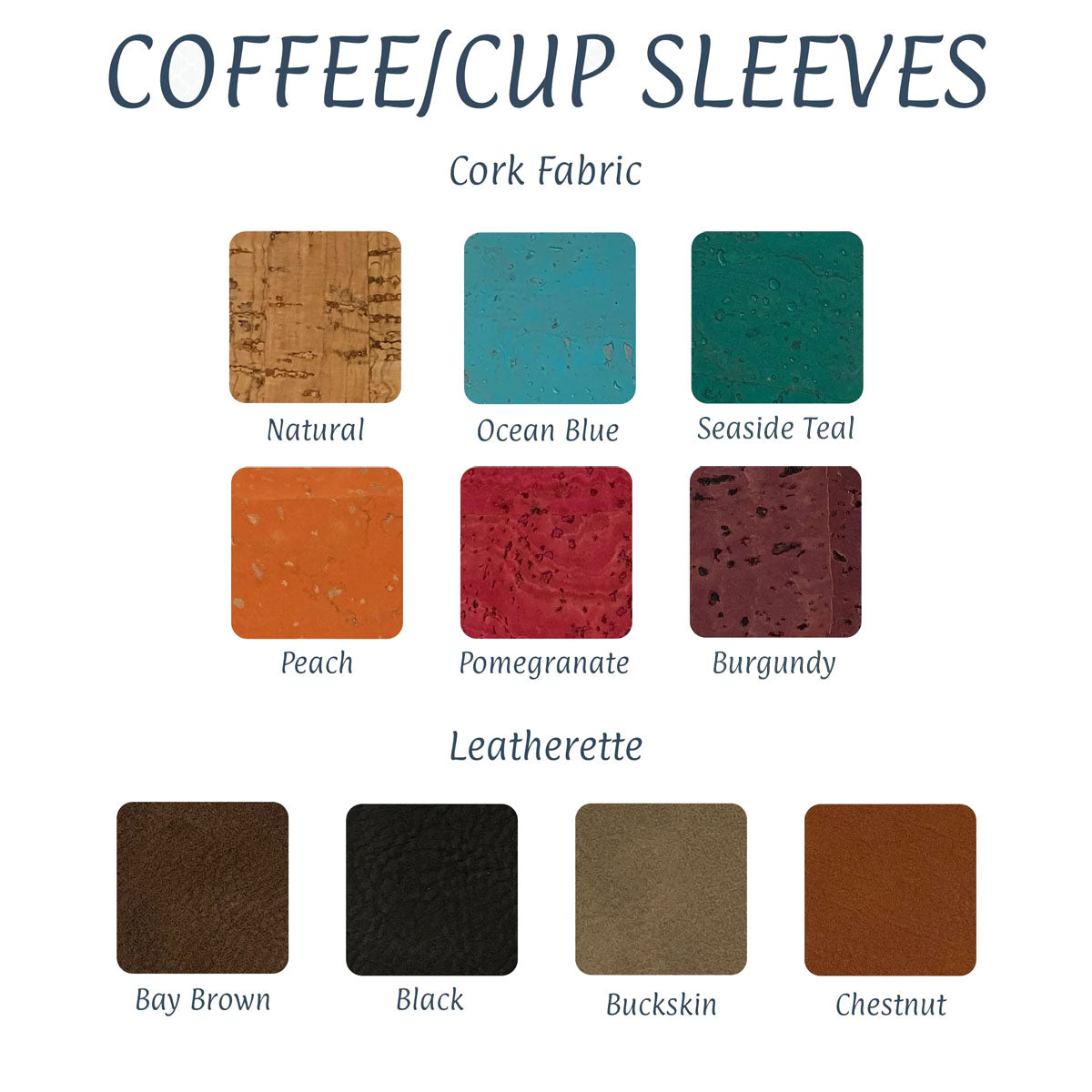 Color swatches of coffee/cup sleeves made from cork fabric and leatherette.