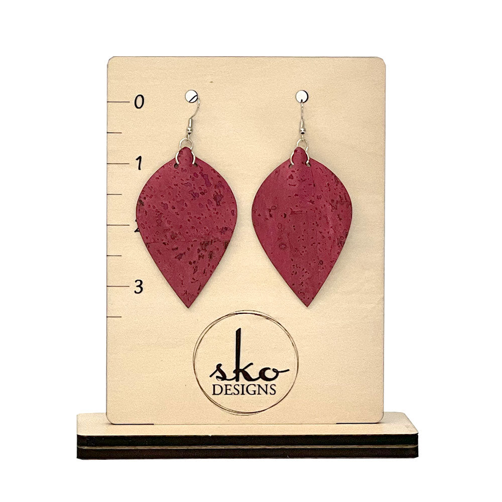 Cork Fabric Teardrop Earrings - Pomegranate Red Vegan Leather Alternative