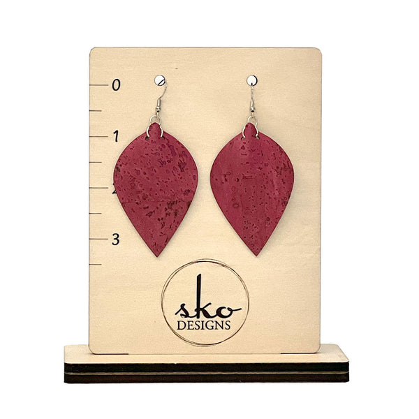 Cork Fabric Teardrop Earrings - Pomegranate Red Vegan Leather Alternative