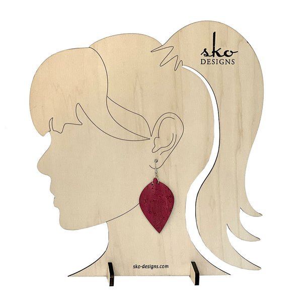 Cork Fabric Teardrop Earrings - Pomegranate Red Vegan Leather Alternative