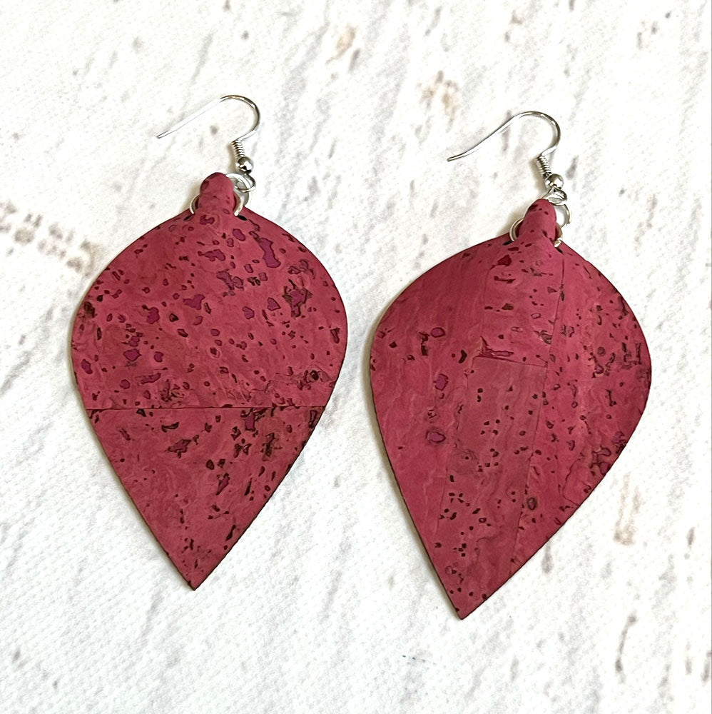 Cork Fabric Teardrop Earrings - Pomegranate Red Vegan Leather Alternative