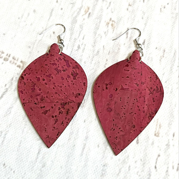 Cork Fabric Teardrop Earrings - Pomegranate Red Vegan Leather Alternative
